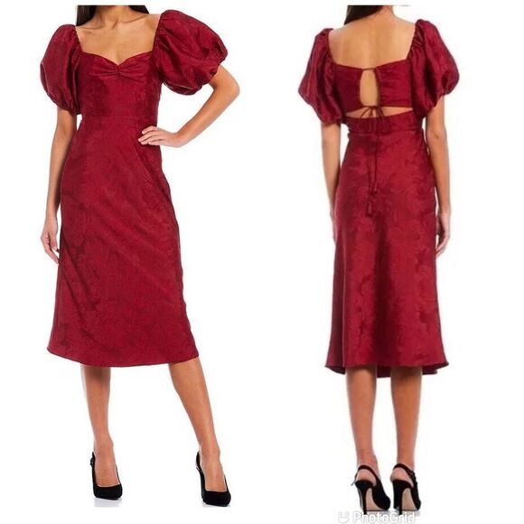 SACHIN & BABI Gabby Red Puff Sleeve Midi Dress Open Tie Back‎ Size Cherry 0 New - Picture 1 of 14
